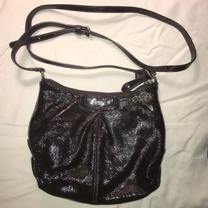 COACH crossbody purse. Brown shiny leather.